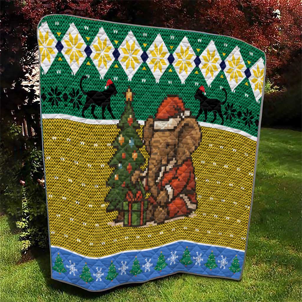 Gabon Christmas Quilt with Pixel Art Elephant Santa Christmas Tree and Flag Colors Pattern - Wonder Print Shop