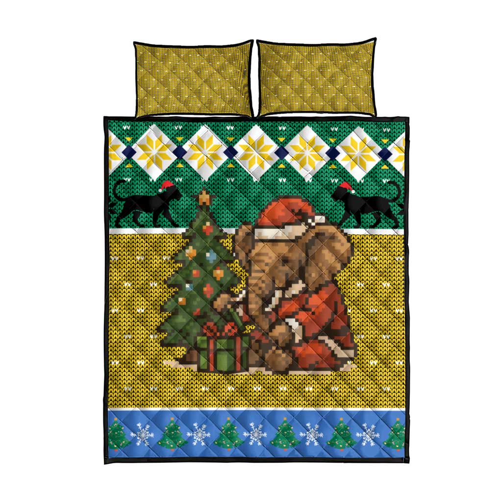 Gabon Christmas Quilt Bed Set with Pixel Art Elephant Santa Christmas Tree and Flag Colors Pattern - Wonder Print Shop