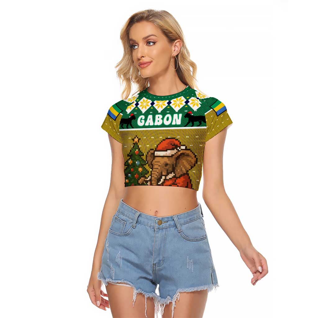 Gabon Christmas Raglan Cropped T Shirt with Pixel Art Elephant Santa Christmas Tree and Flag Colors Pattern - Wonder Print Shop