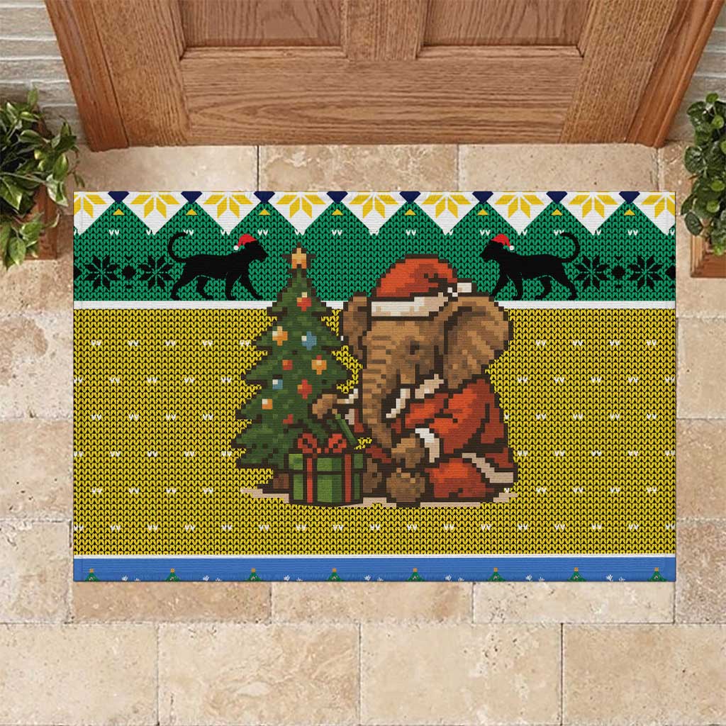 Gabon Christmas Rubber Doormat with Pixel Art Elephant Santa Christmas Tree and Flag Colors Pattern - Wonder Print Shop