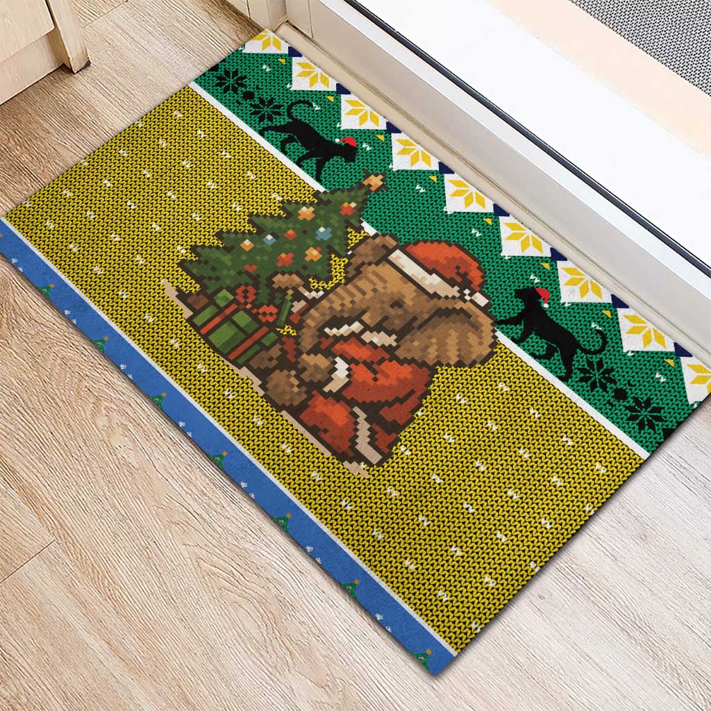 Gabon Christmas Rubber Doormat with Pixel Art Elephant Santa Christmas Tree and Flag Colors Pattern - Wonder Print Shop