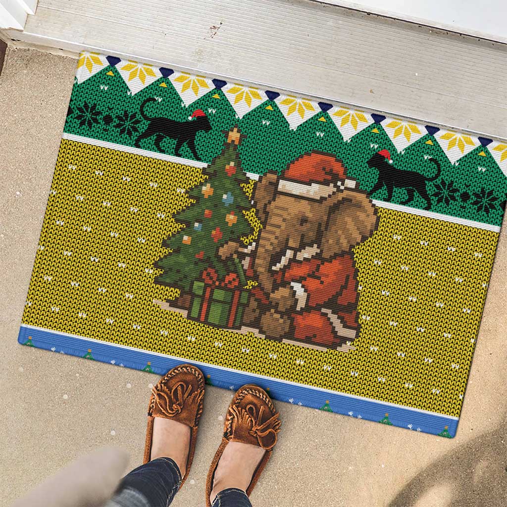 Gabon Christmas Rubber Doormat with Pixel Art Elephant Santa Christmas Tree and Flag Colors Pattern - Wonder Print Shop
