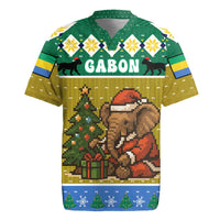 Gabon Christmas Rugby Jersey with Pixel Art Elephant Santa Christmas Tree and Flag Colors Pattern - Wonder Print Shop