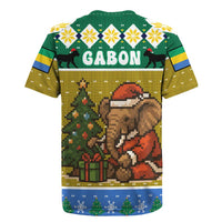 Gabon Christmas Rugby Jersey with Pixel Art Elephant Santa Christmas Tree and Flag Colors Pattern - Wonder Print Shop