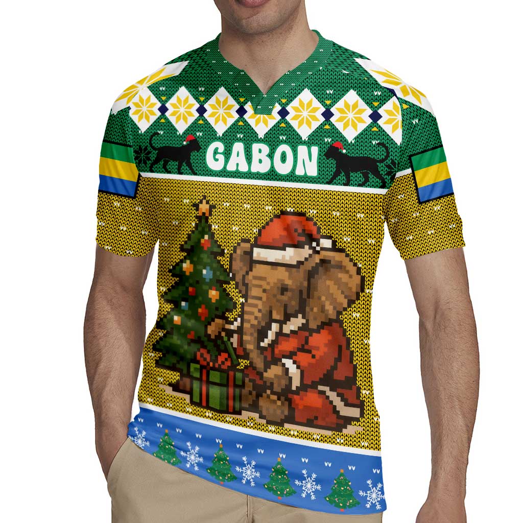 Gabon Christmas Rugby Jersey with Pixel Art Elephant Santa Christmas Tree and Flag Colors Pattern - Wonder Print Shop