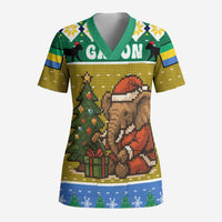 Gabon Christmas Scrub Top with Pixel Art Elephant Santa Christmas Tree and Flag Colors Pattern - Wonder Print Shop