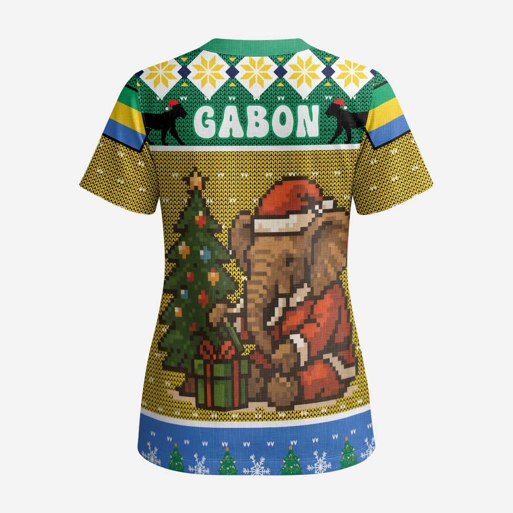 Gabon Christmas Scrub Top with Pixel Art Elephant Santa Christmas Tree and Flag Colors Pattern - Wonder Print Shop