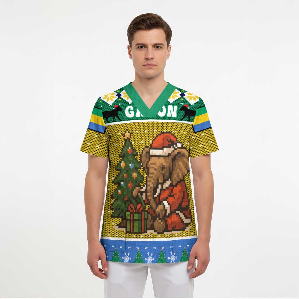 Gabon Christmas Scrub Top with Pixel Art Elephant Santa Christmas Tree and Flag Colors Pattern - Wonder Print Shop