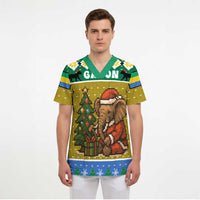 Gabon Christmas Scrub Top with Pixel Art Elephant Santa Christmas Tree and Flag Colors Pattern - Wonder Print Shop