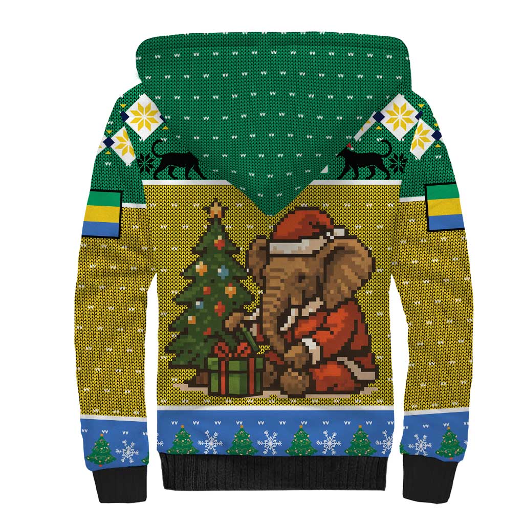 Gabon Christmas Sherpa Hoodie with Pixel Art Elephant Santa Christmas Tree and Flag Colors Pattern - Wonder Print Shop