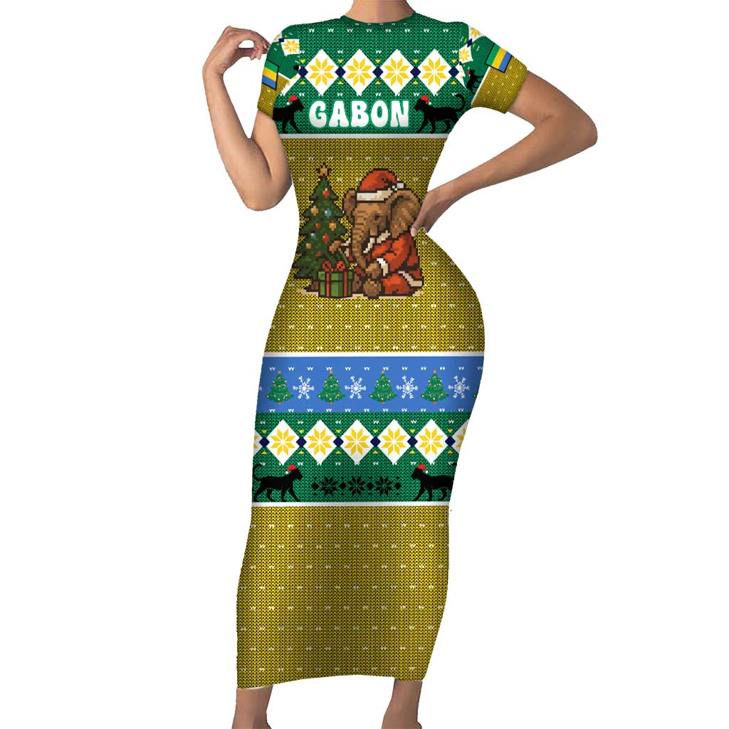 Gabon Christmas Short Sleeve Bodycon Dress with Pixel Art Elephant Santa Christmas Tree and Flag Colors Pattern - Wonder Print Shop