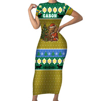 Gabon Christmas Short Sleeve Bodycon Dress with Pixel Art Elephant Santa Christmas Tree and Flag Colors Pattern - Wonder Print Shop