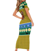 Gabon Christmas Short Sleeve Bodycon Dress with Pixel Art Elephant Santa Christmas Tree and Flag Colors Pattern - Wonder Print Shop