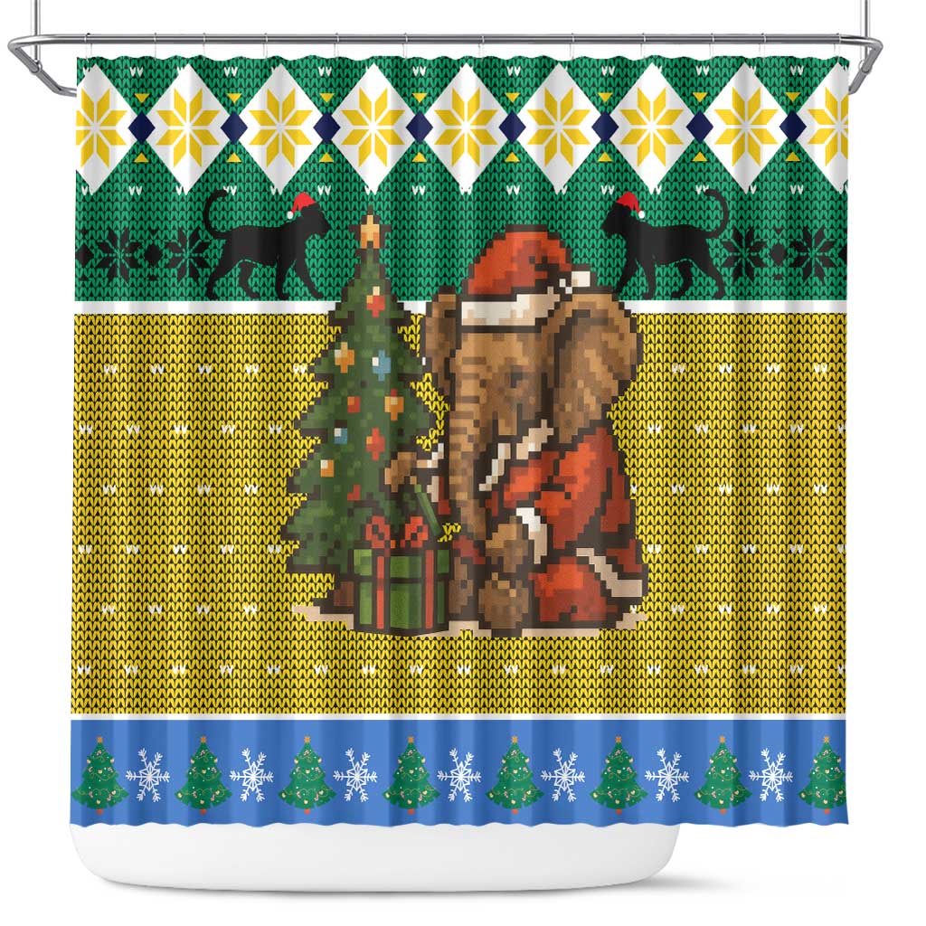 Gabon Christmas Shower Curtain with Pixel Art Elephant Santa Christmas Tree and Flag Colors Pattern - Wonder Print Shop