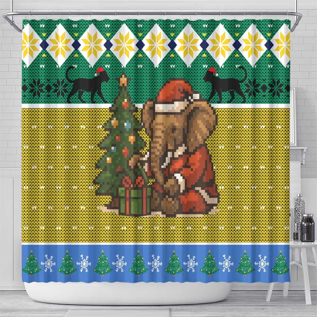 Gabon Christmas Shower Curtain with Pixel Art Elephant Santa Christmas Tree and Flag Colors Pattern - Wonder Print Shop
