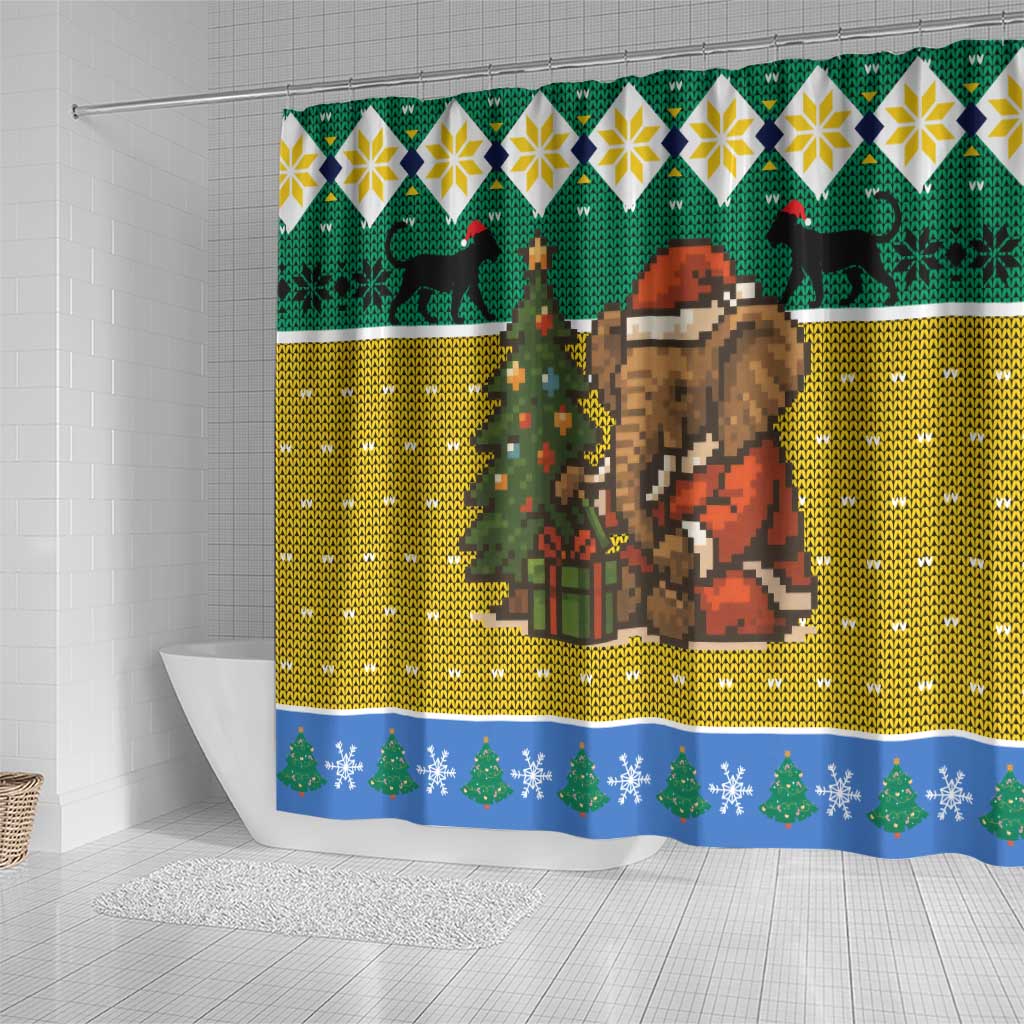 Gabon Christmas Shower Curtain with Pixel Art Elephant Santa Christmas Tree and Flag Colors Pattern - Wonder Print Shop