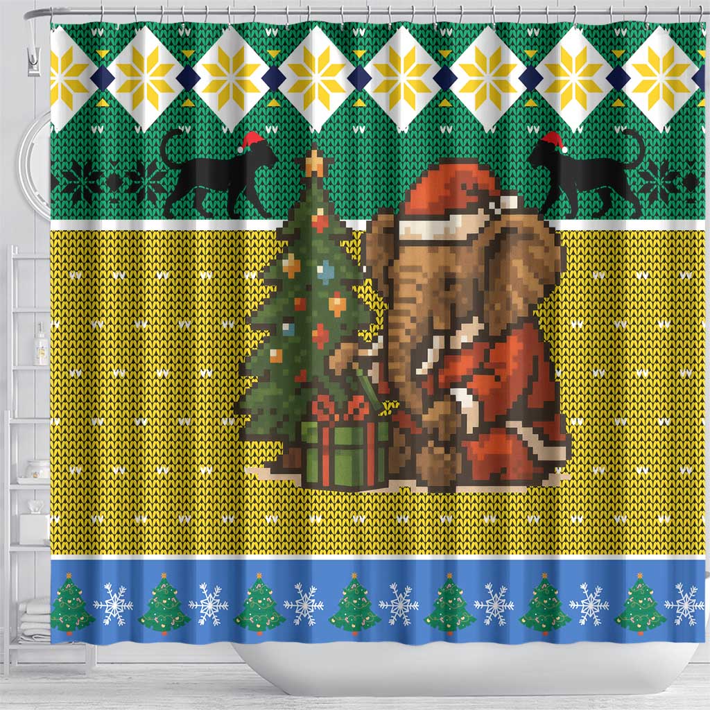 Gabon Christmas Shower Curtain with Pixel Art Elephant Santa Christmas Tree and Flag Colors Pattern - Wonder Print Shop