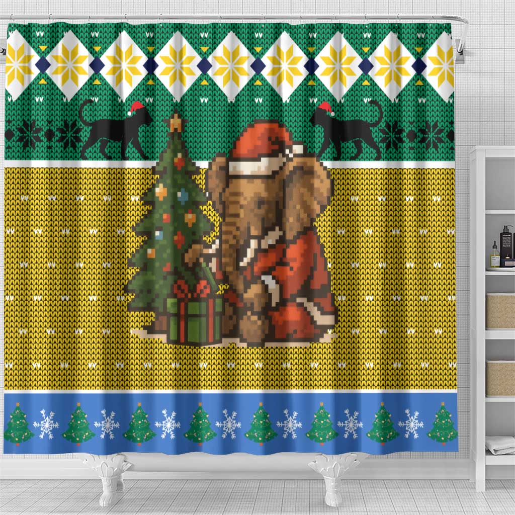 Gabon Christmas Shower Curtain with Pixel Art Elephant Santa Christmas Tree and Flag Colors Pattern - Wonder Print Shop