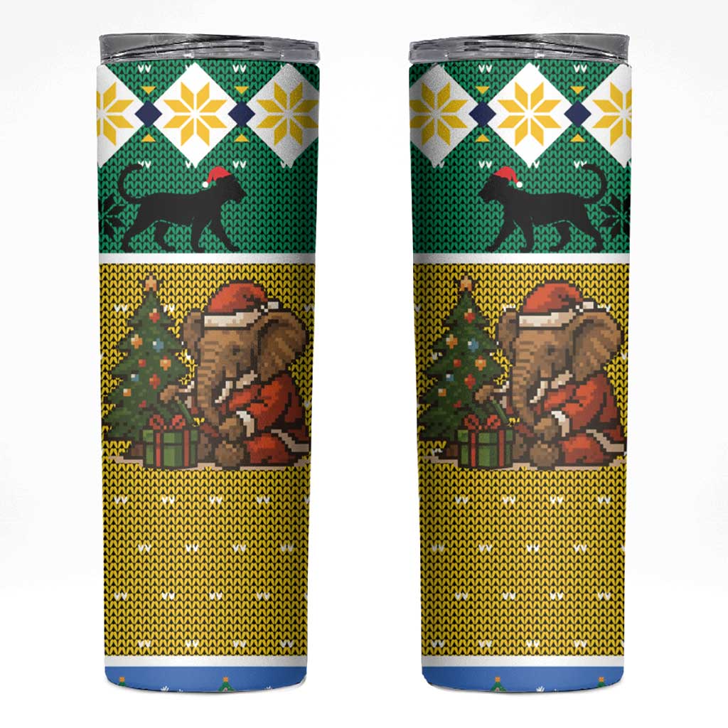 Gabon Christmas Skinny Tumbler with Pixel Art Elephant Santa Christmas Tree and Flag Colors Pattern - Wonder Print Shop