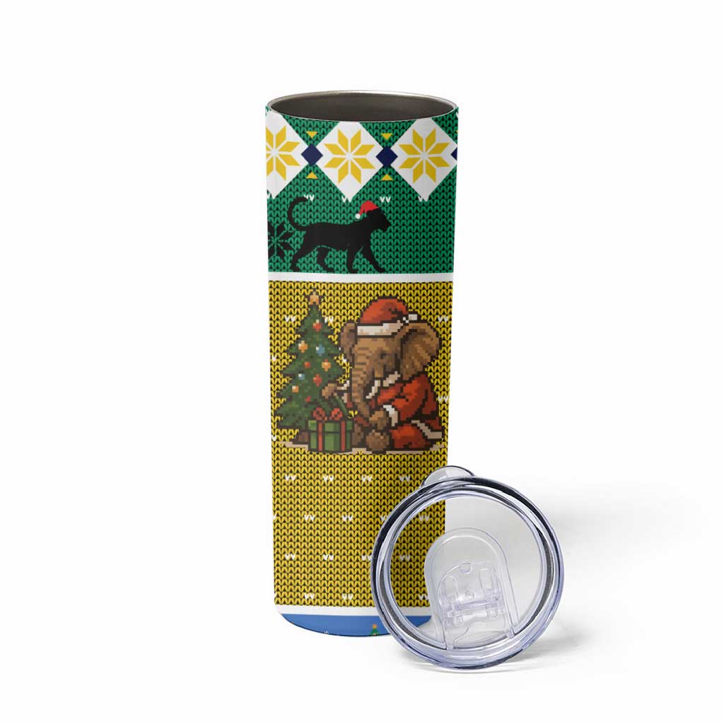Gabon Christmas Skinny Tumbler with Pixel Art Elephant Santa Christmas Tree and Flag Colors Pattern - Wonder Print Shop