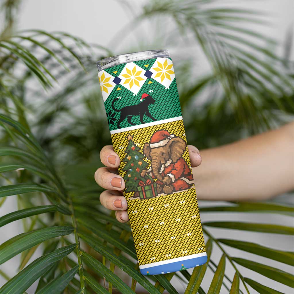 Gabon Christmas Skinny Tumbler with Pixel Art Elephant Santa Christmas Tree and Flag Colors Pattern - Wonder Print Shop