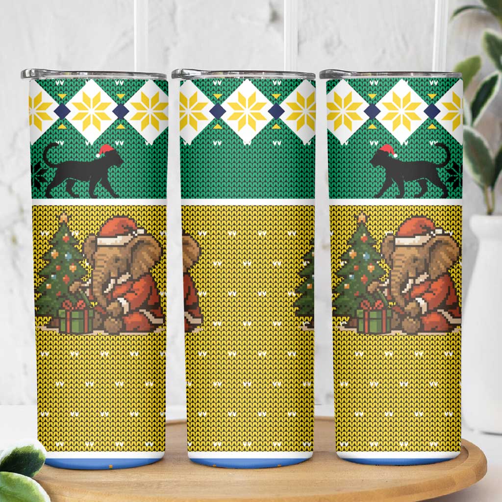 Gabon Christmas Skinny Tumbler with Pixel Art Elephant Santa Christmas Tree and Flag Colors Pattern - Wonder Print Shop