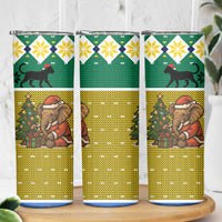 Gabon Christmas Skinny Tumbler with Pixel Art Elephant Santa Christmas Tree and Flag Colors Pattern - Wonder Print Shop