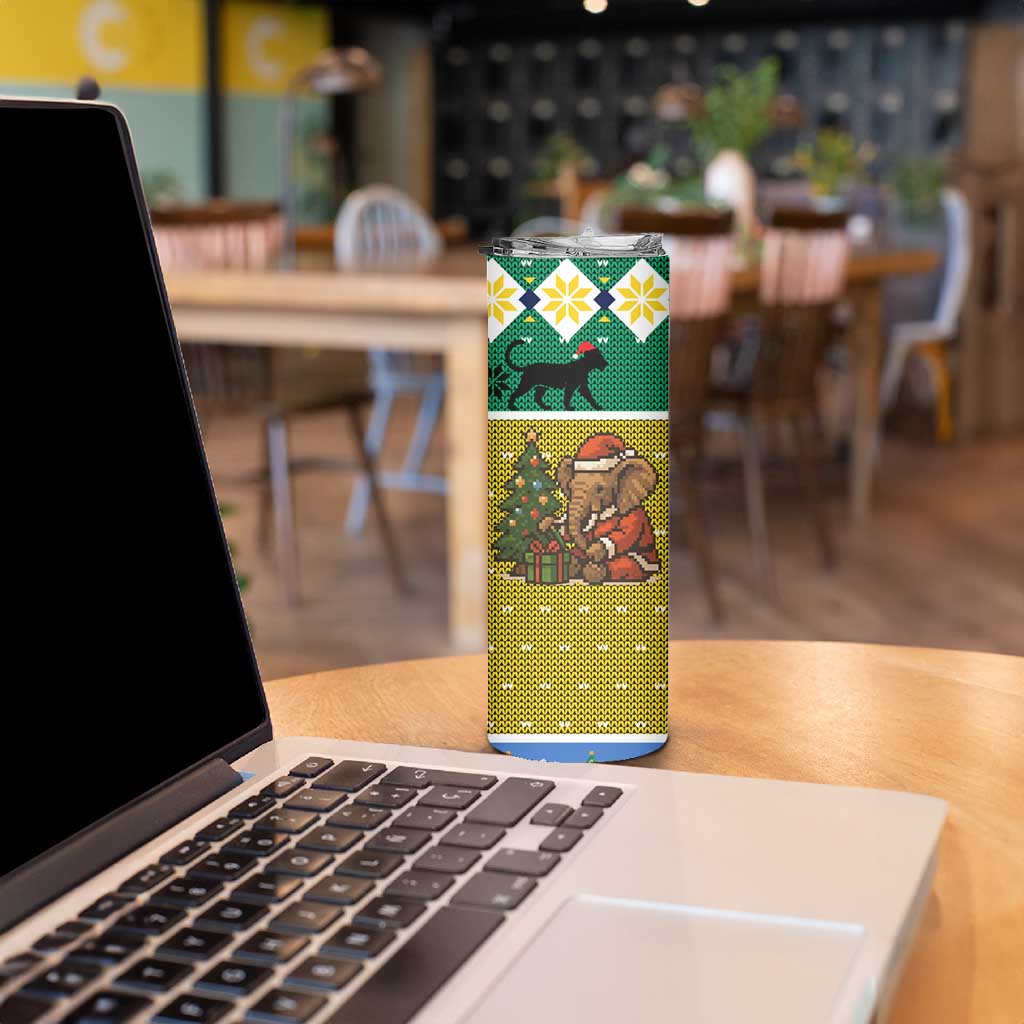 Gabon Christmas Skinny Tumbler with Pixel Art Elephant Santa Christmas Tree and Flag Colors Pattern - Wonder Print Shop