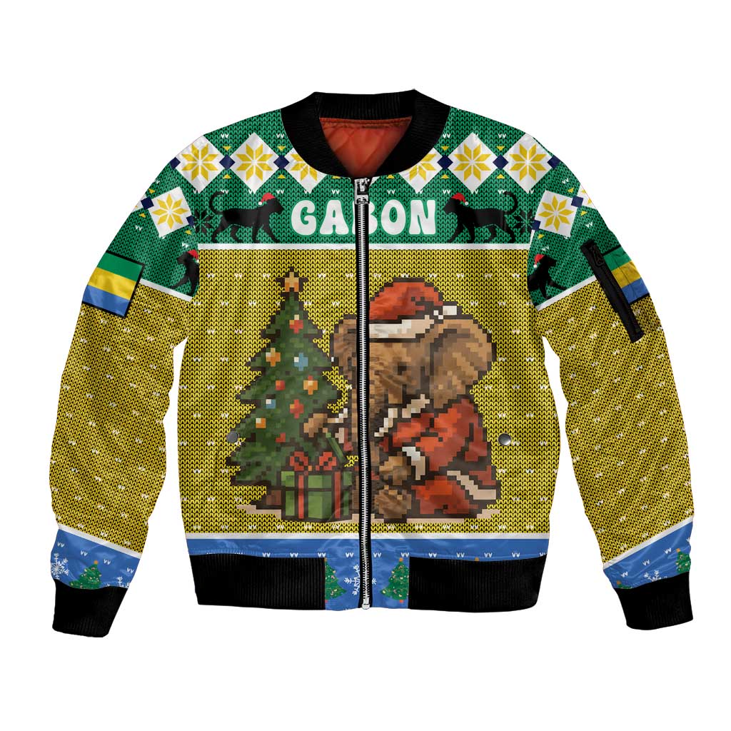 Gabon Christmas Sleeve Zip Bomber Jacket with Pixel Art Elephant Santa Christmas Tree and Flag Colors Pattern - Wonder Print Shop