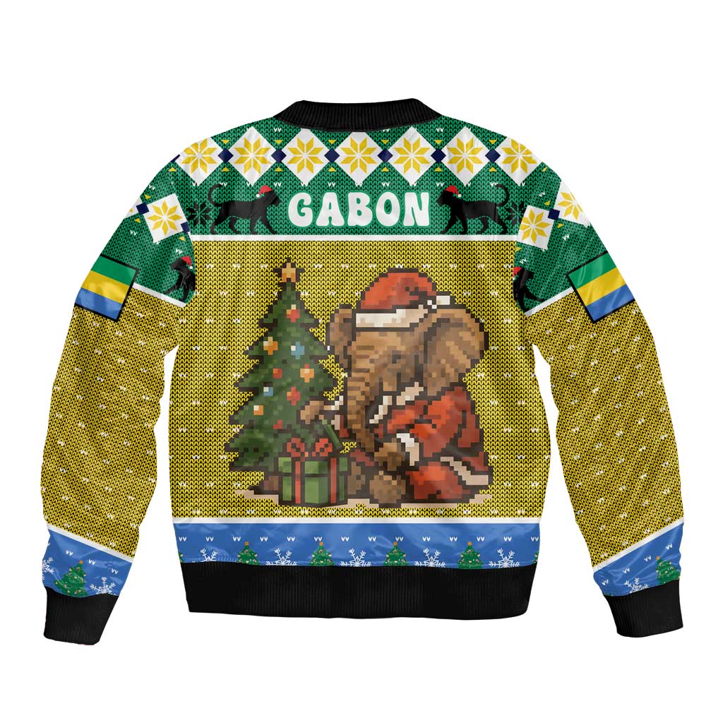 Gabon Christmas Sleeve Zip Bomber Jacket with Pixel Art Elephant Santa Christmas Tree and Flag Colors Pattern - Wonder Print Shop