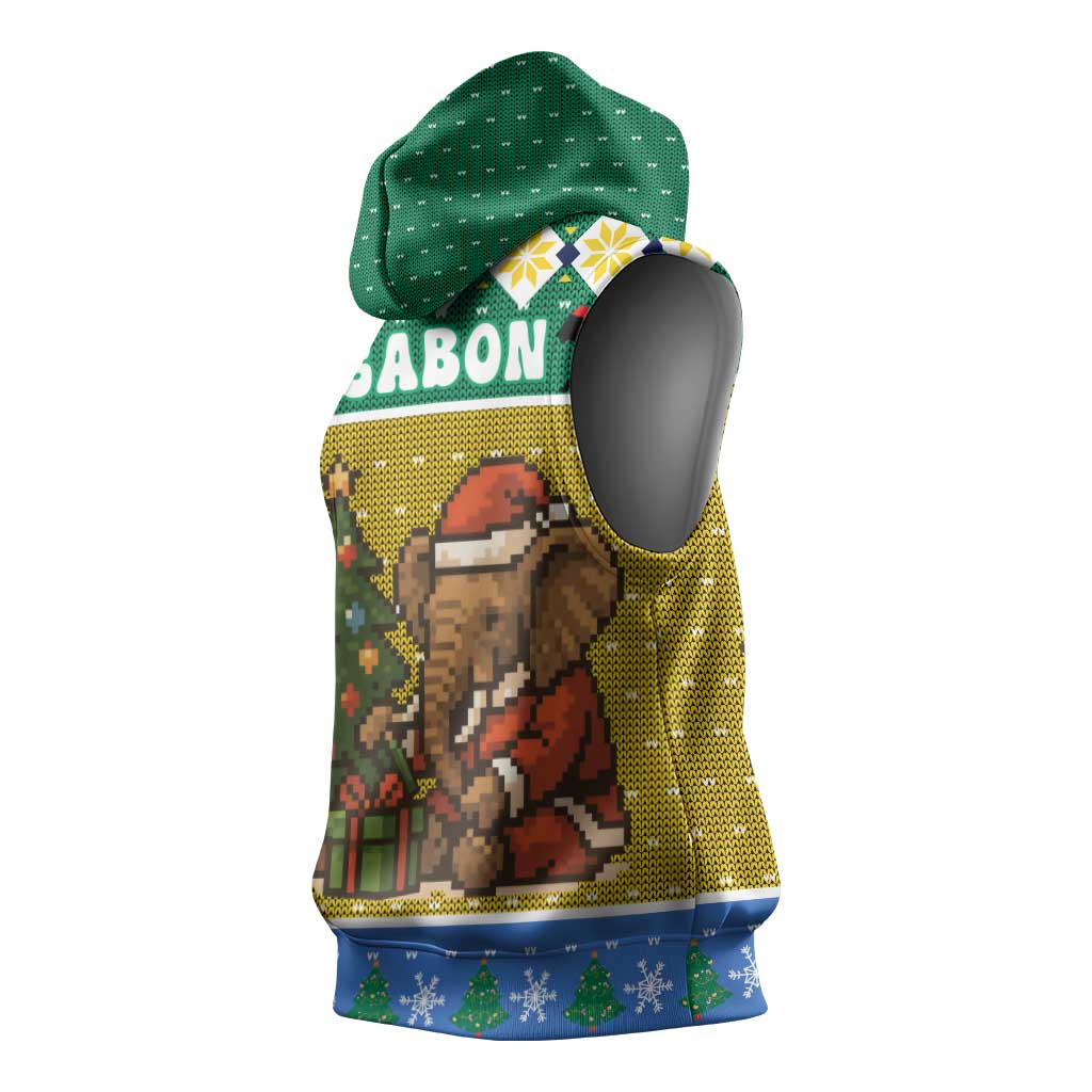 Gabon Christmas Sleeveless Hoodie with Pixel Art Elephant Santa Christmas Tree and Flag Colors Pattern - Wonder Print Shop