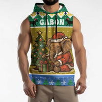 Gabon Christmas Sleeveless Hoodie with Pixel Art Elephant Santa Christmas Tree and Flag Colors Pattern - Wonder Print Shop