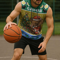 Gabon Christmas Sleeveless Hoodie with Pixel Art Elephant Santa Christmas Tree and Flag Colors Pattern - Wonder Print Shop