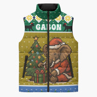 Gabon Christmas Sleeveless Puffer Jacket with Pixel Art Elephant Santa Christmas Tree and Flag Colors Pattern - Wonder Print Shop