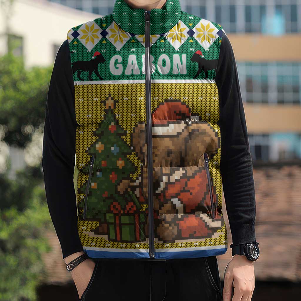 Gabon Christmas Sleeveless Puffer Jacket with Pixel Art Elephant Santa Christmas Tree and Flag Colors Pattern - Wonder Print Shop