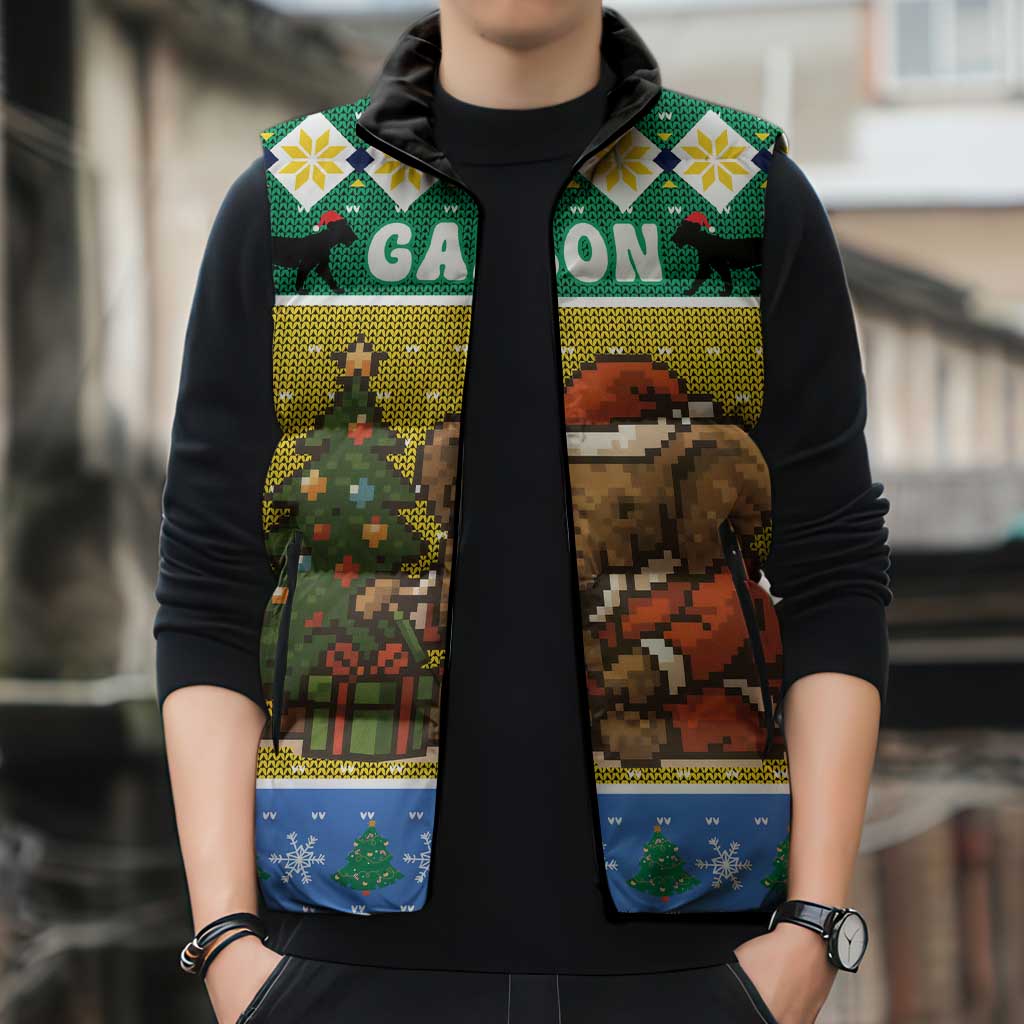 Gabon Christmas Sleeveless Puffer Jacket with Pixel Art Elephant Santa Christmas Tree and Flag Colors Pattern - Wonder Print Shop