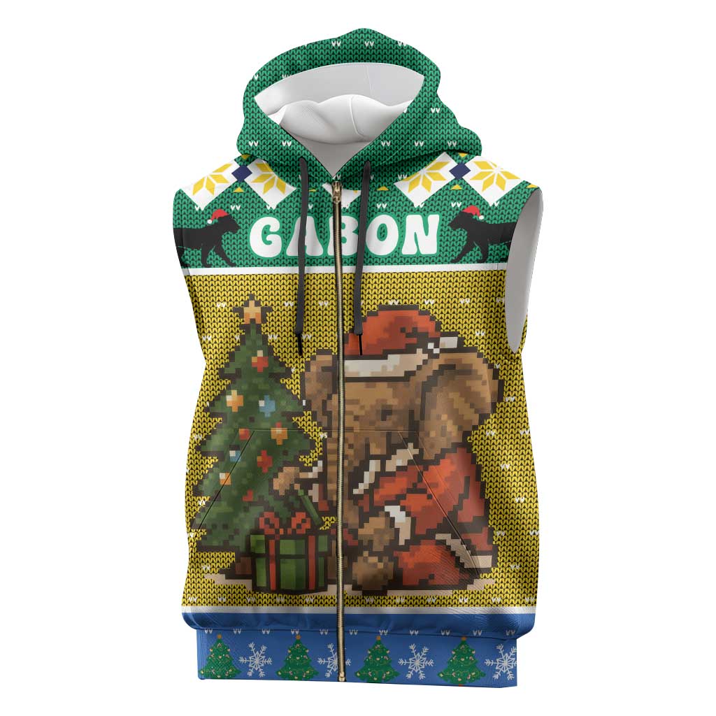 Gabon Christmas Sleeveless Zip Hoodie with Pixel Art Elephant Santa Christmas Tree and Flag Colors Pattern - Wonder Print Shop
