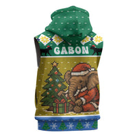 Gabon Christmas Sleeveless Zip Hoodie with Pixel Art Elephant Santa Christmas Tree and Flag Colors Pattern - Wonder Print Shop
