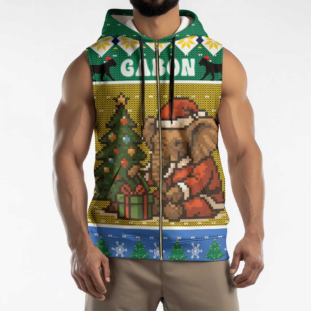 Gabon Christmas Sleeveless Zip Hoodie with Pixel Art Elephant Santa Christmas Tree and Flag Colors Pattern - Wonder Print Shop
