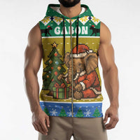 Gabon Christmas Sleeveless Zip Hoodie with Pixel Art Elephant Santa Christmas Tree and Flag Colors Pattern - Wonder Print Shop