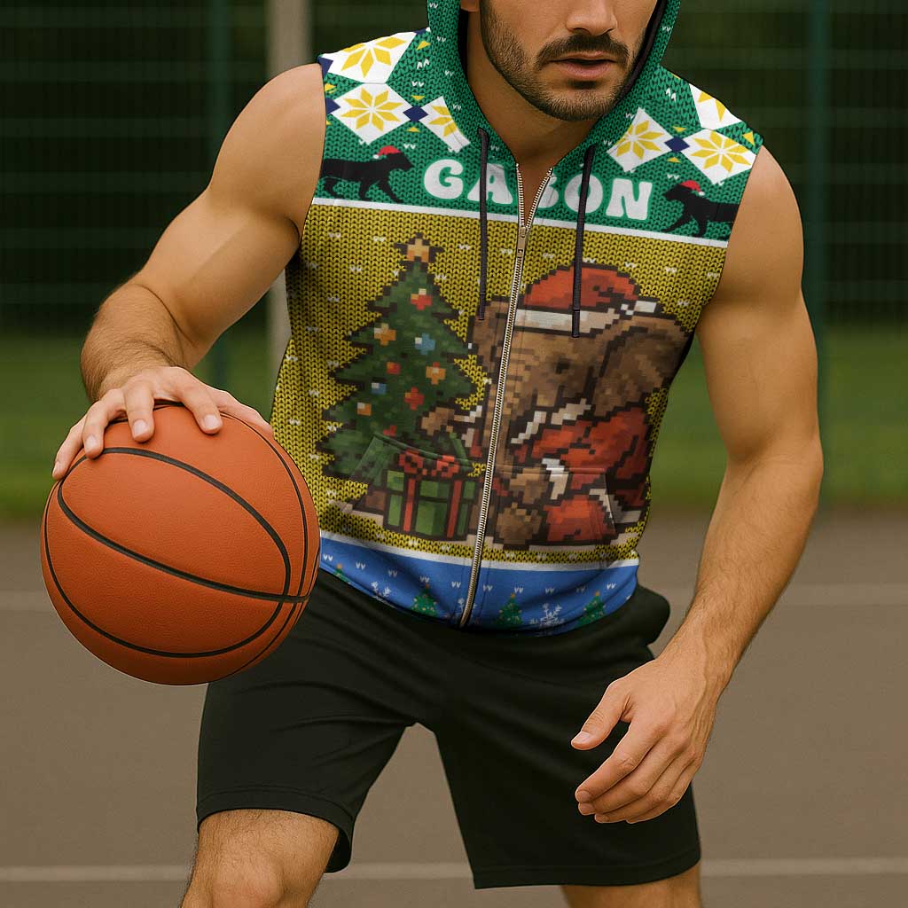 Gabon Christmas Sleeveless Zip Hoodie with Pixel Art Elephant Santa Christmas Tree and Flag Colors Pattern - Wonder Print Shop