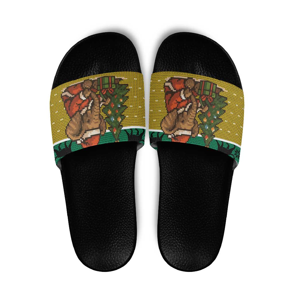 Gabon Christmas Slide Sandals with Pixel Art Elephant Santa Christmas Tree and Flag Colors Pattern - Wonder Print Shop