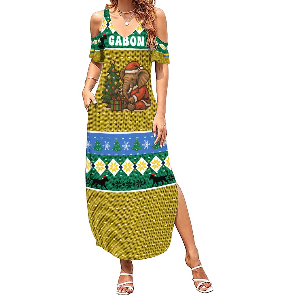 Gabon Christmas Summer Maxi Dress with Pixel Art Elephant Santa Christmas Tree and Flag Colors Pattern - Wonder Print Shop
