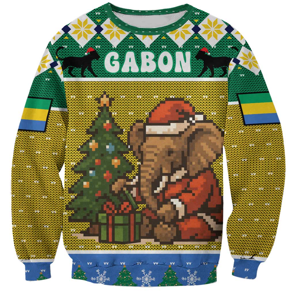 Gabon Christmas Sweatshirt with Pixel Art Elephant Santa Christmas Tree and Flag Colors Pattern - Wonder Print Shop