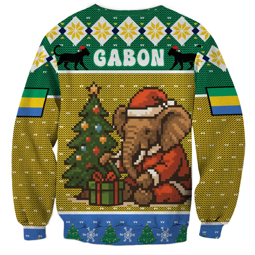 Gabon Christmas Sweatshirt with Pixel Art Elephant Santa Christmas Tree and Flag Colors Pattern - Wonder Print Shop