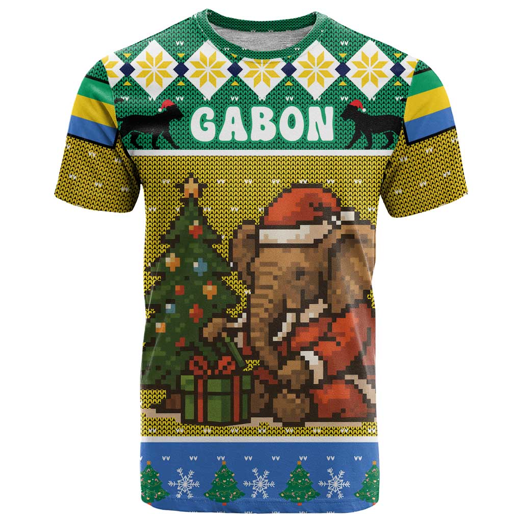 Gabon Christmas T Shirt with Pixel Art Elephant Santa Christmas Tree and Flag Colors Pattern - Wonder Print Shop