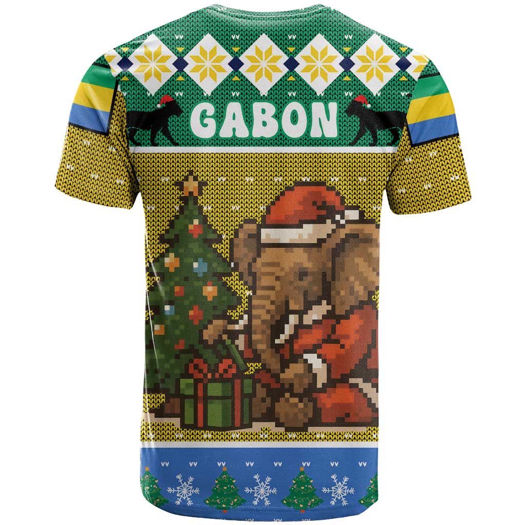 Gabon Christmas T Shirt with Pixel Art Elephant Santa Christmas Tree and Flag Colors Pattern - Wonder Print Shop