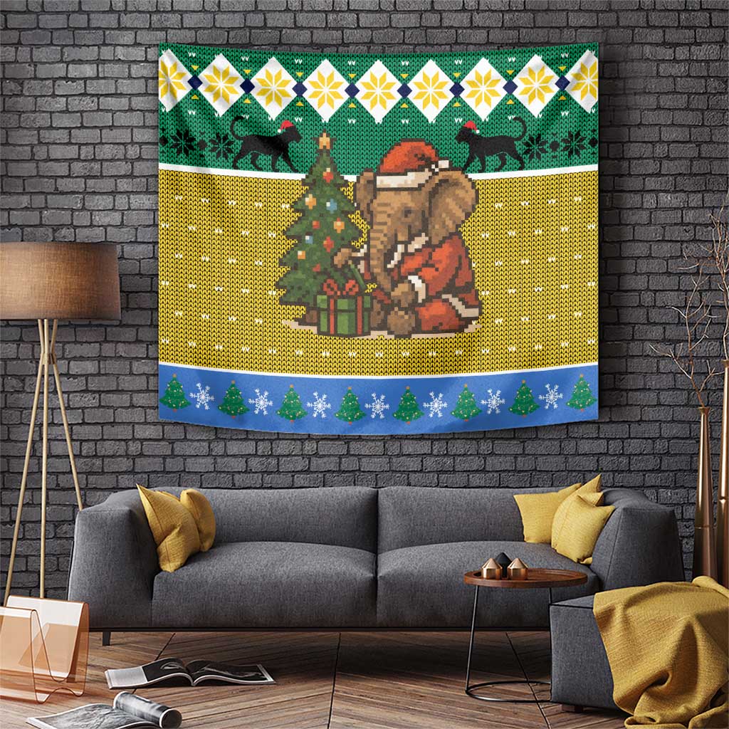 Gabon Christmas Tapestry with Pixel Art Elephant Santa Christmas Tree and Flag Colors Pattern - Wonder Print Shop
