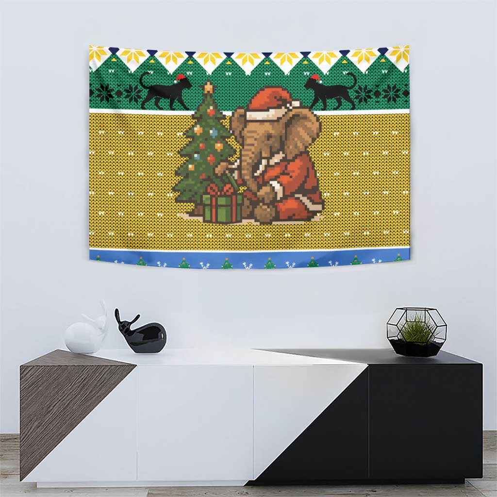 Gabon Christmas Tapestry with Pixel Art Elephant Santa Christmas Tree and Flag Colors Pattern - Wonder Print Shop