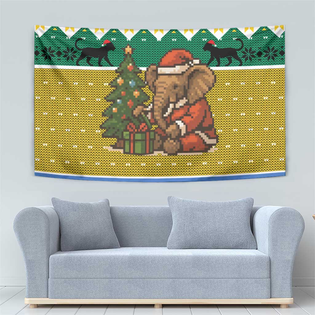 Gabon Christmas Tapestry with Pixel Art Elephant Santa Christmas Tree and Flag Colors Pattern - Wonder Print Shop